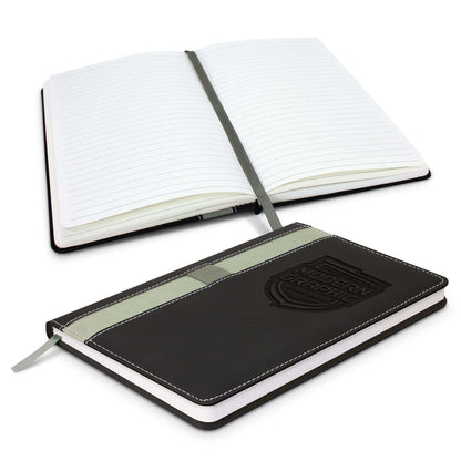 Prescott Notebook open with lined pages and hard stitched PU cover, ideal for corporate gift.