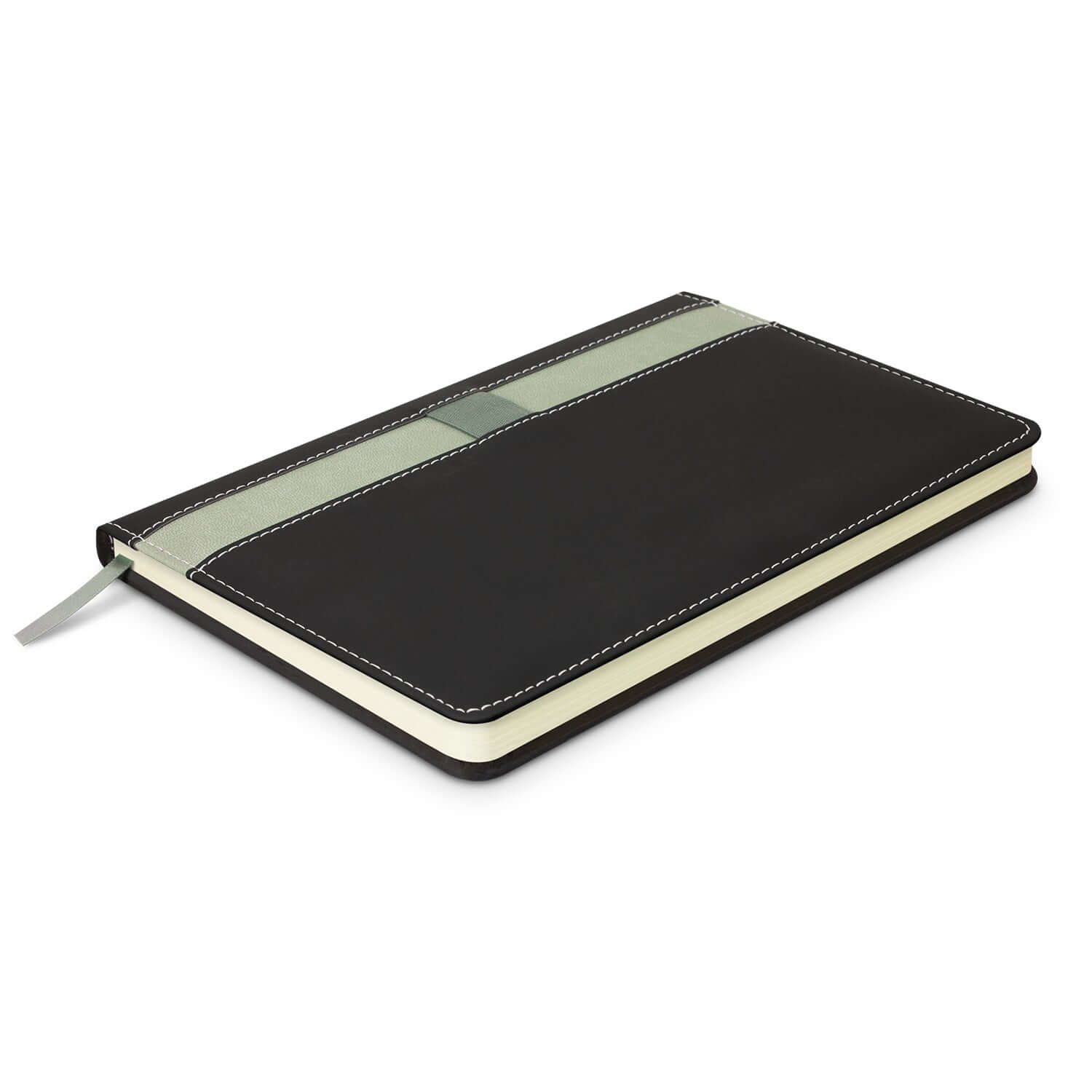 Prescott Notebook with stitched PU cover and elastic pen holder, ideal as a corporate gift.
