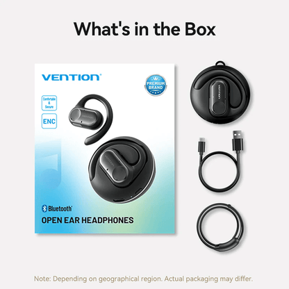 Vention Wireless Bluetooth Open Ear Headphones OpenBeat packaging and accessories displayed in the box.