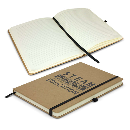 Sienna Notebook open and closed, featuring eco-friendly kraft cover and lined pages, perfect for corporate gift.