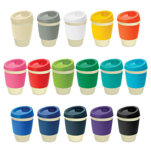 Colorful collection of Metro Cup Bamboo reusable coffee cups in various shades and styles for eco-friendly gifting.