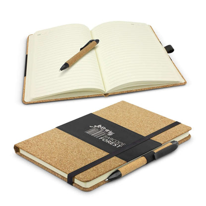Inca Notebook with Pen showcasing cork cover and elastic band, ideal for corporate gift, featuring 80 lined pages.