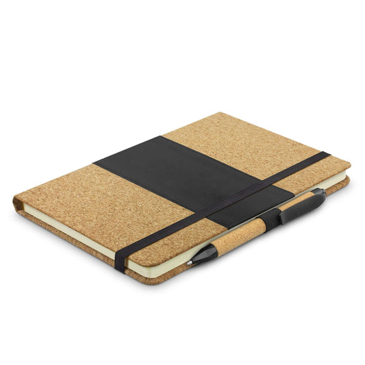 Inca Notebook with Pen featuring natural cork cover, elastic closure, and pen loop, ideal for corporate gift.