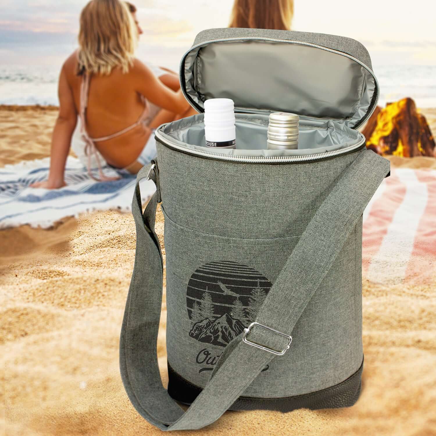 Nirvana Wine Cooler Bag on the beach, stylish and functional with thick insulation for chilled beverages.