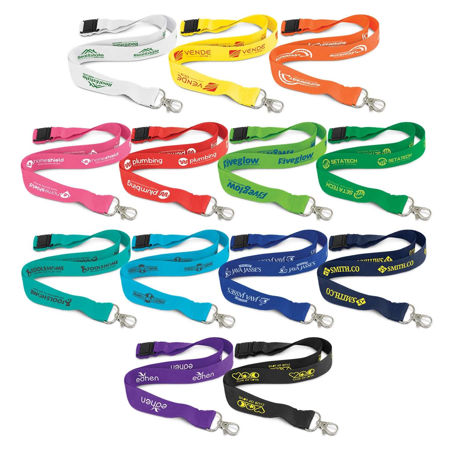 Various colorful Bamboo Lanyards featuring different logos, ideal for corporate gifts.