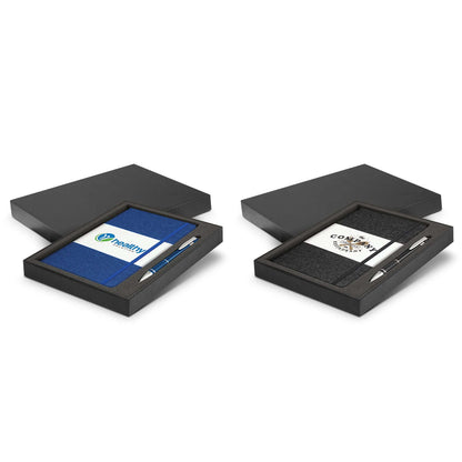 Alexis Notebook and Pen Gift Set in a stylish presentation box, showcasing blue and black designs, perfect for corporate gifts.