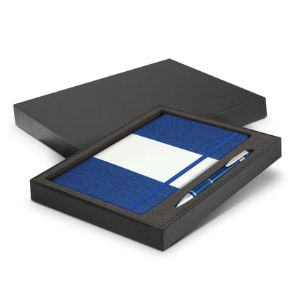 Alexis Notebook and Pen Gift Set presented in a sleek box, featuring a blue notebook and matching pen for corporate gifting.