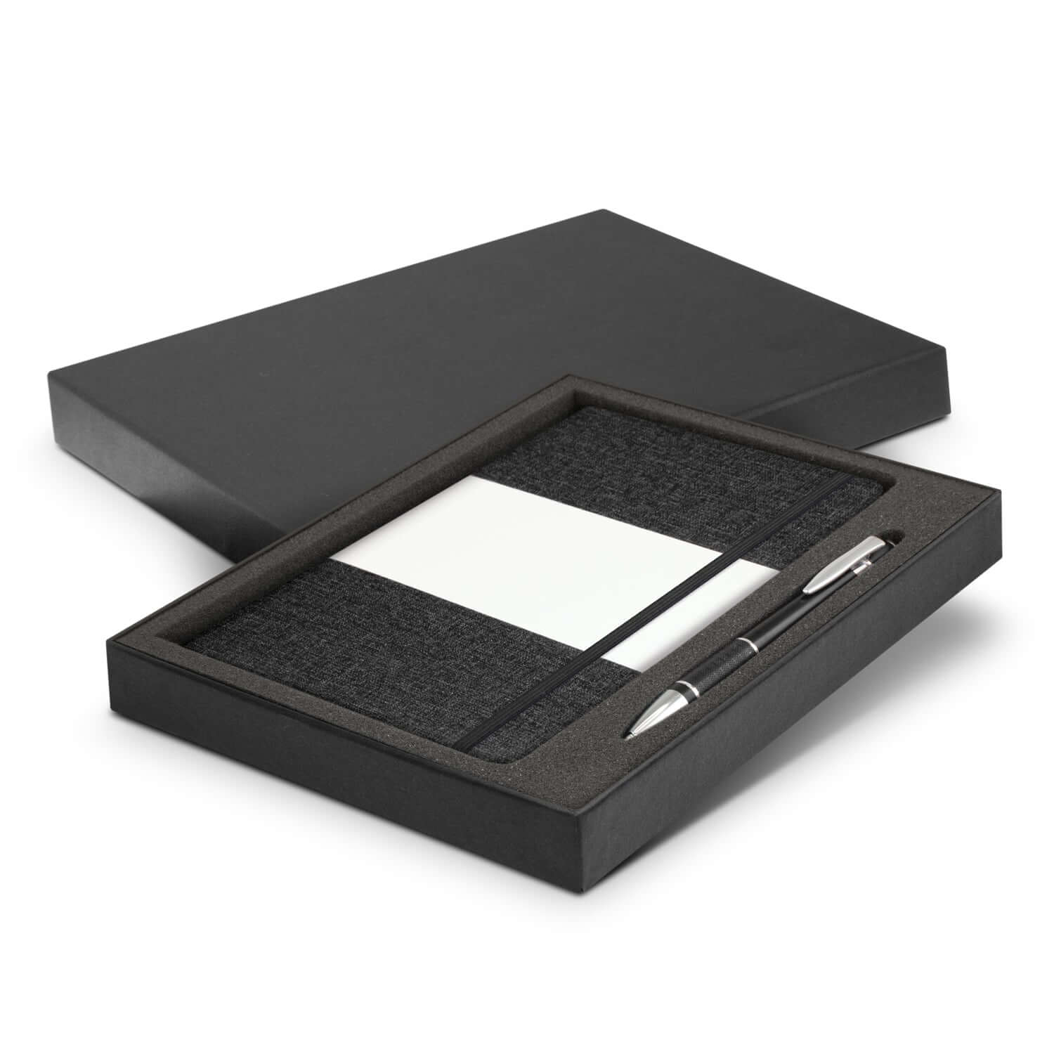 Alexis Notebook and Pen Gift Set presented in elegant black box showcasing the notebook and pen.