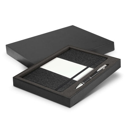 Alexis Notebook and Pen Gift Set presented in elegant black box showcasing the notebook and pen.