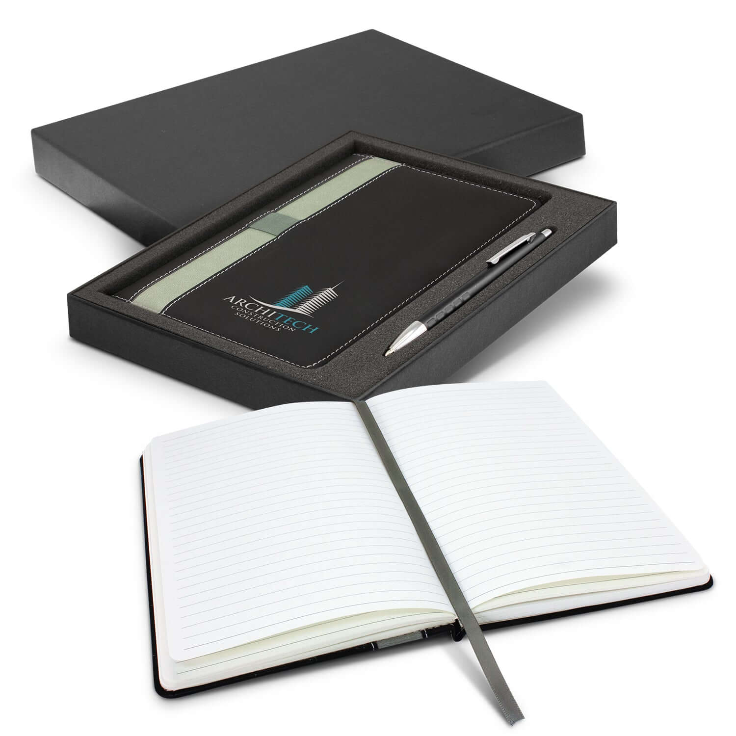 Prescott Notebook and Pen Gift Set elegantly presented in a black box, featuring a medium-sized notebook and pen.