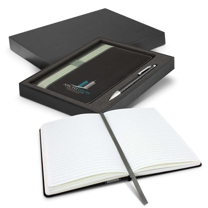 Prescott Notebook and Pen Gift Set elegantly presented in a black box, featuring a medium-sized notebook and pen.