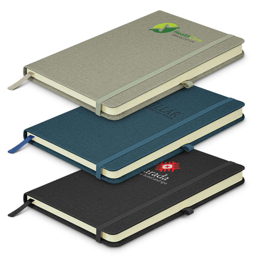 Columbus Notebook collection featuring three stylish notebooks with covers in grey, blue, and black, ideal for corporate gifts.