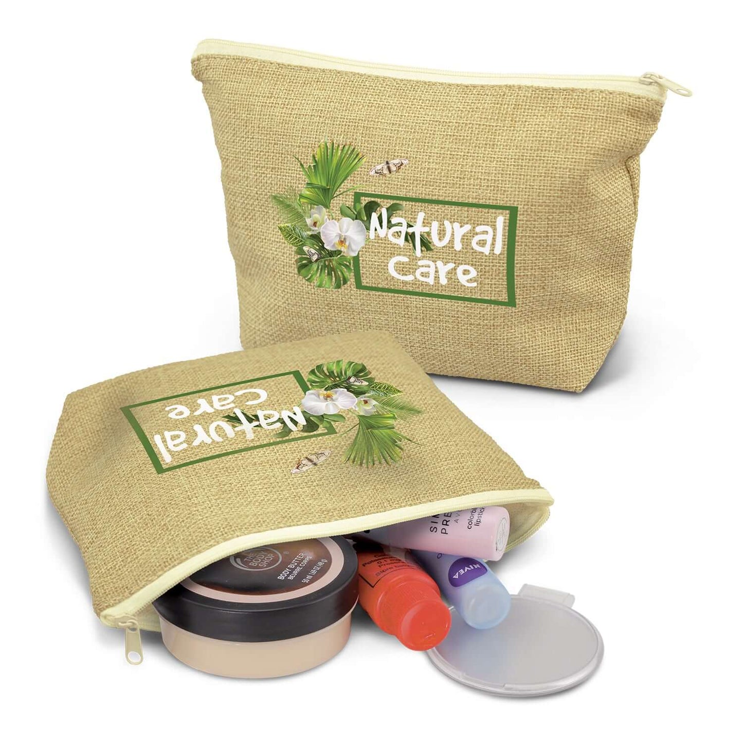Ava Cosmetic Bag featuring a unique jute-like design, filled with cosmetics and beauty essentials, ideal as a corporate gift.