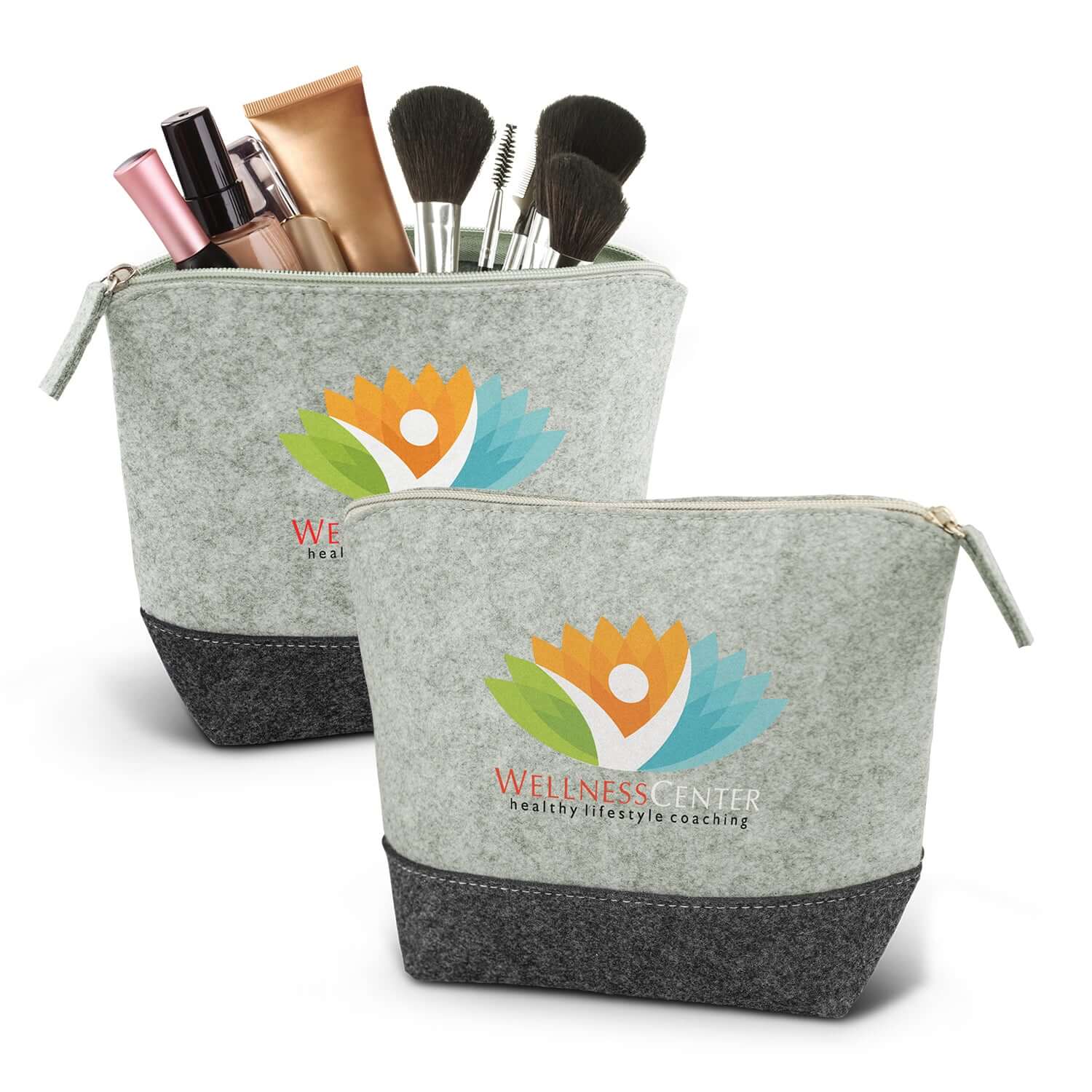 Cassini Cosmetic Bag in grey poly-felt with logo, ideal for storing cosmetics as a stylish corporate gift.