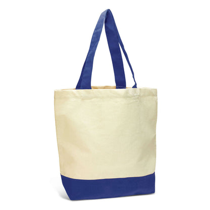 Sedona Canvas Tote Bag in natural cotton with blue trim, ideal for shopping and daily errands.