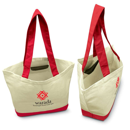 Sedona Canvas Tote Bag with stylish red trim and long handles, perfect as a corporate gift.