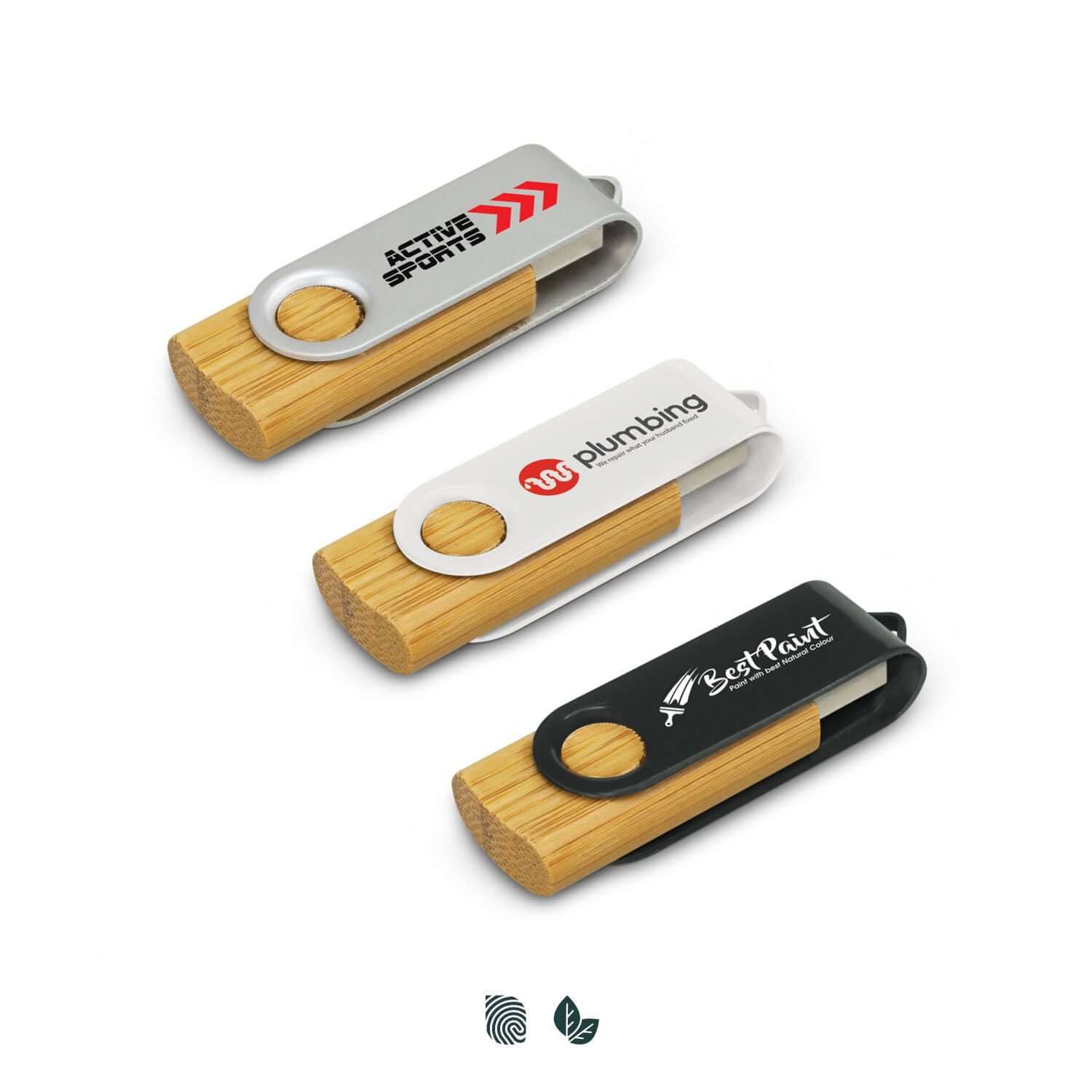 Helix Bamboo Flash Drive trio featuring customizable logos and aluminum swivel design, ideal for corporate gifts.