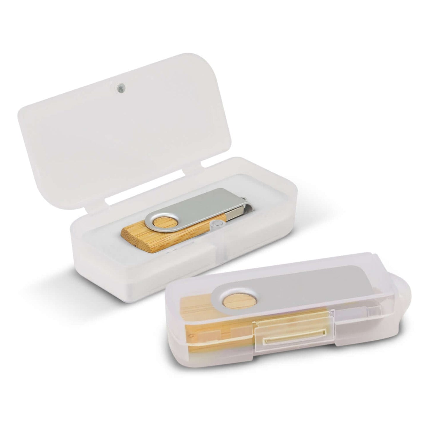 Helix Bamboo Flash Drive displayed in a white gift box, eco-friendly design with aluminum swivel.