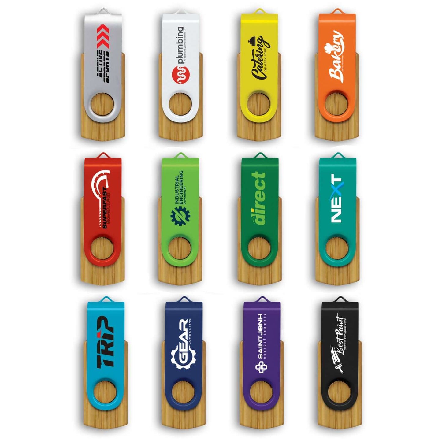 Helix Bamboo Flash Drive in various colors showcasing eco-friendly design and corporate gift options.