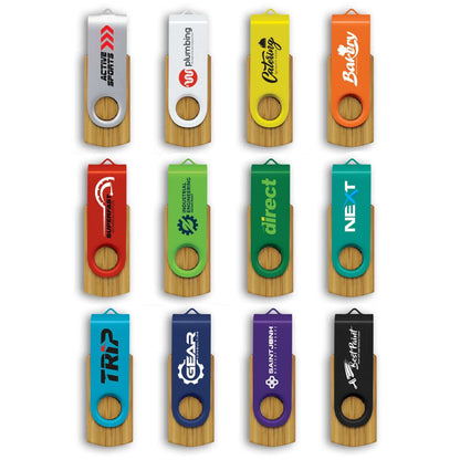 Helix Bamboo Flash Drive in various colors showcasing eco-friendly design and corporate gift options.