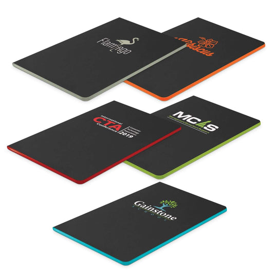 Camri Notebook collection showcasing various designs on colorful edges, perfect for corporate gifts.