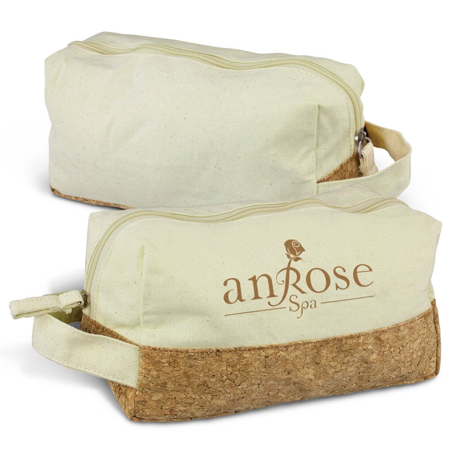 Oakridge Toiletry Bag featuring a natural cork accent, perfect for travel and as a corporate gift.