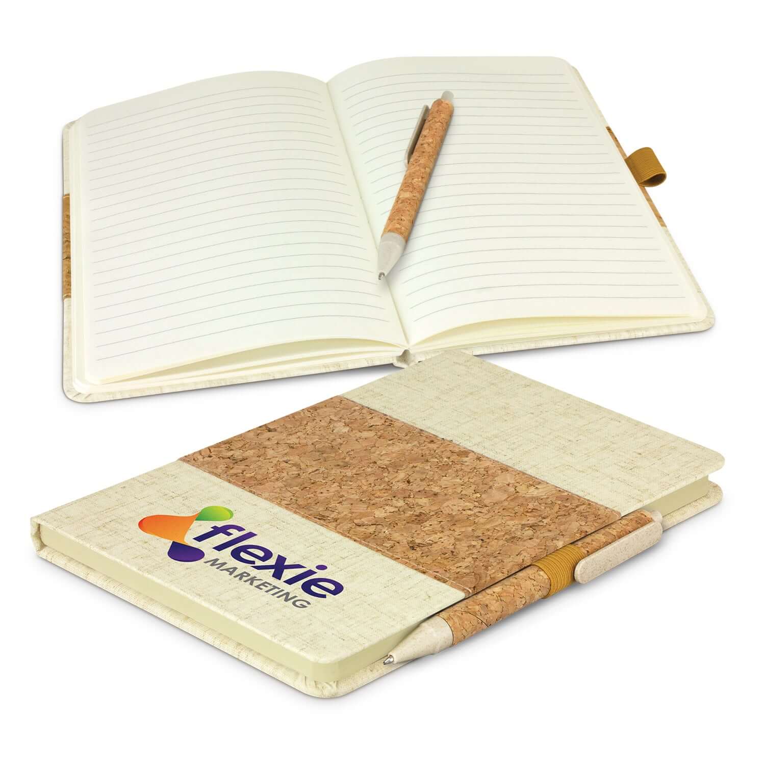 Ecosia Notebook & Pen Set featuring a cork cover, cream paper, and a matching retractable ball pen.