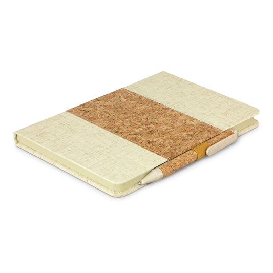 Ecosia Notebook & Pen Set featuring a stylish hard cover made from natural cork and heathered cotton.