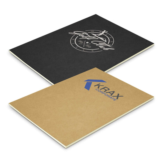Kora Notebook Large showing black cover with logo and brown kraft cover, ideal as a corporate gift.
