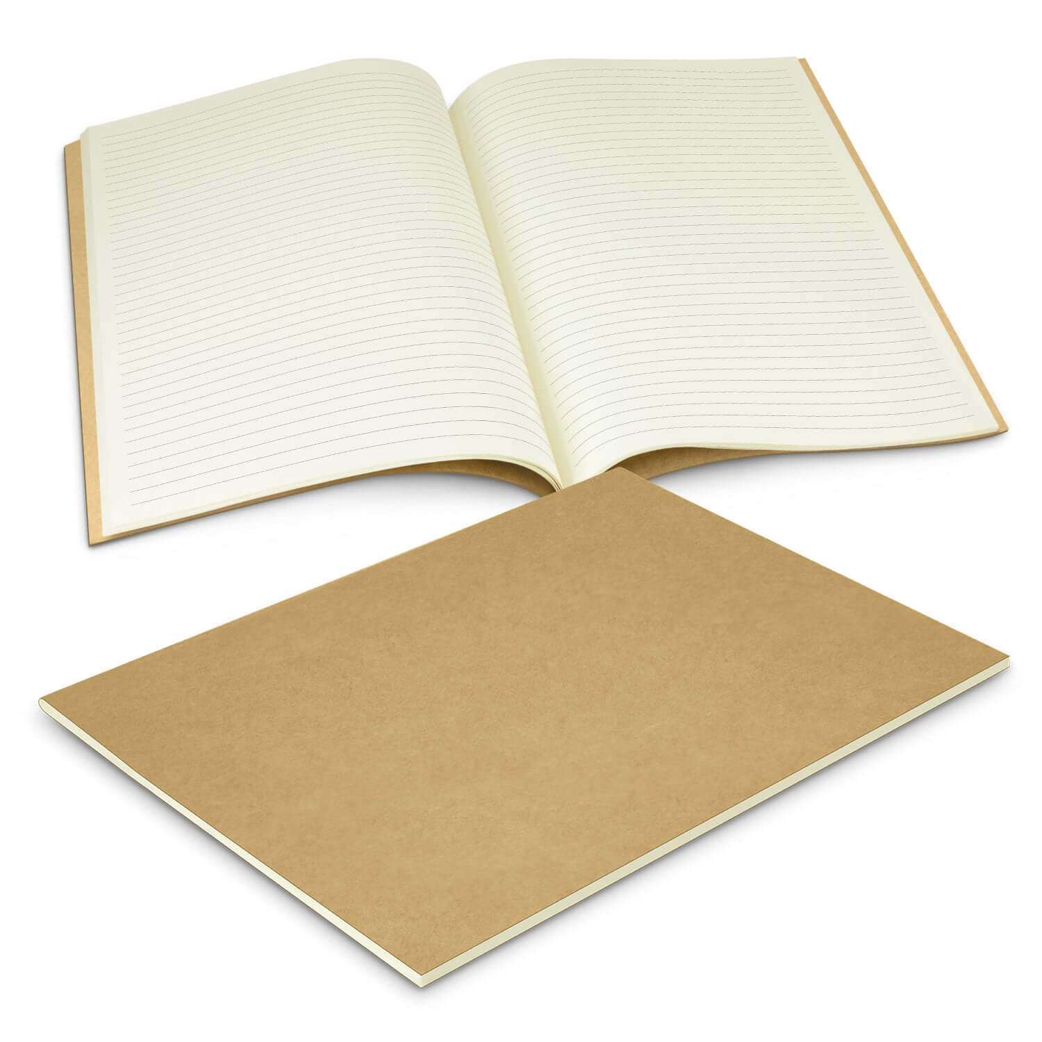 Kora Notebook Large open to showcase its lined pages and sturdy kraft cardboard cover, ideal as a corporate gift.