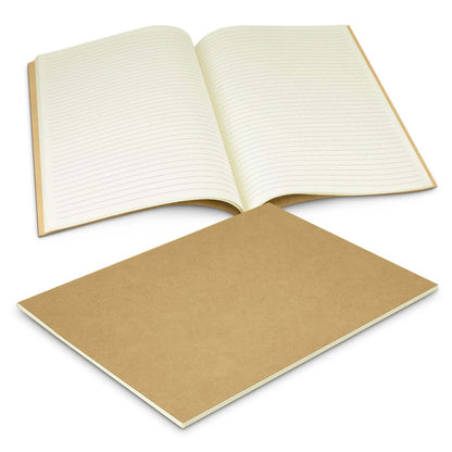 Kora Notebook Large open to showcase its lined pages and sturdy kraft cardboard cover, ideal as a corporate gift.