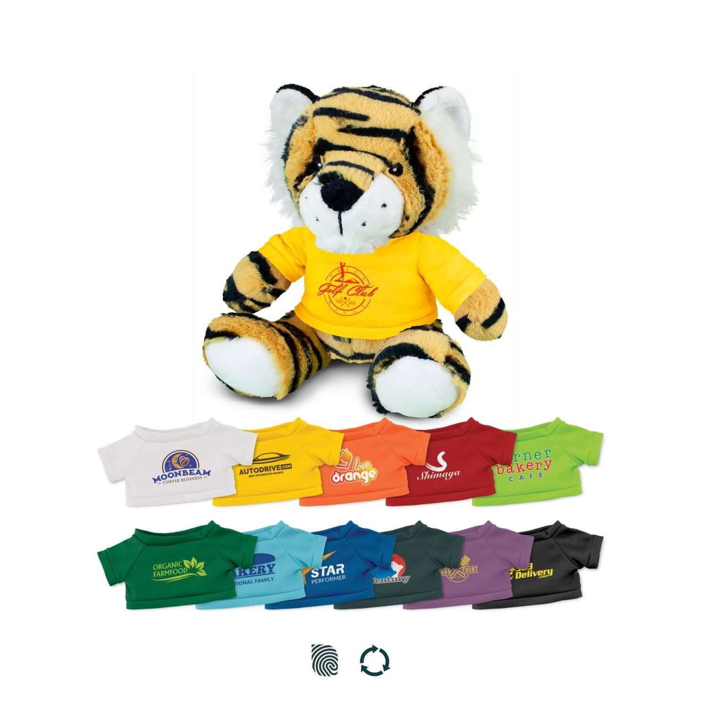 Tiger Plush Toy with colorful t-shirts, perfect as a corporate gift for branding and eco-friendly fun.