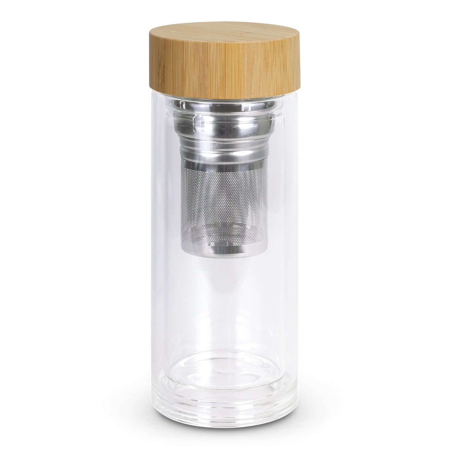 Tea Infuser Bottle with bamboo lid and stainless steel infuser, perfect for brewing tea and infusing fruits.