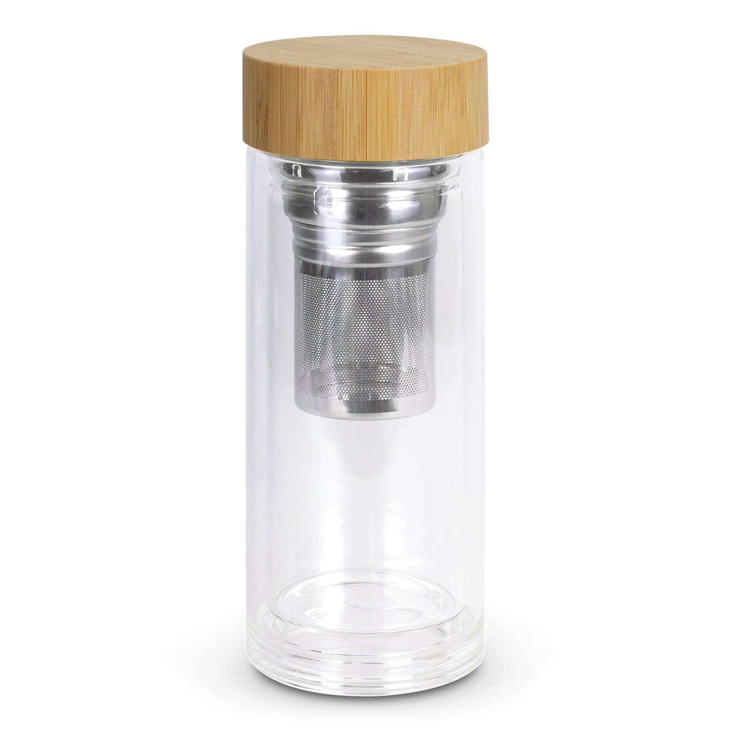 Tea Infuser Bottle with bamboo lid and stainless steel infuser, perfect for brewing tea and infusing fruits.
