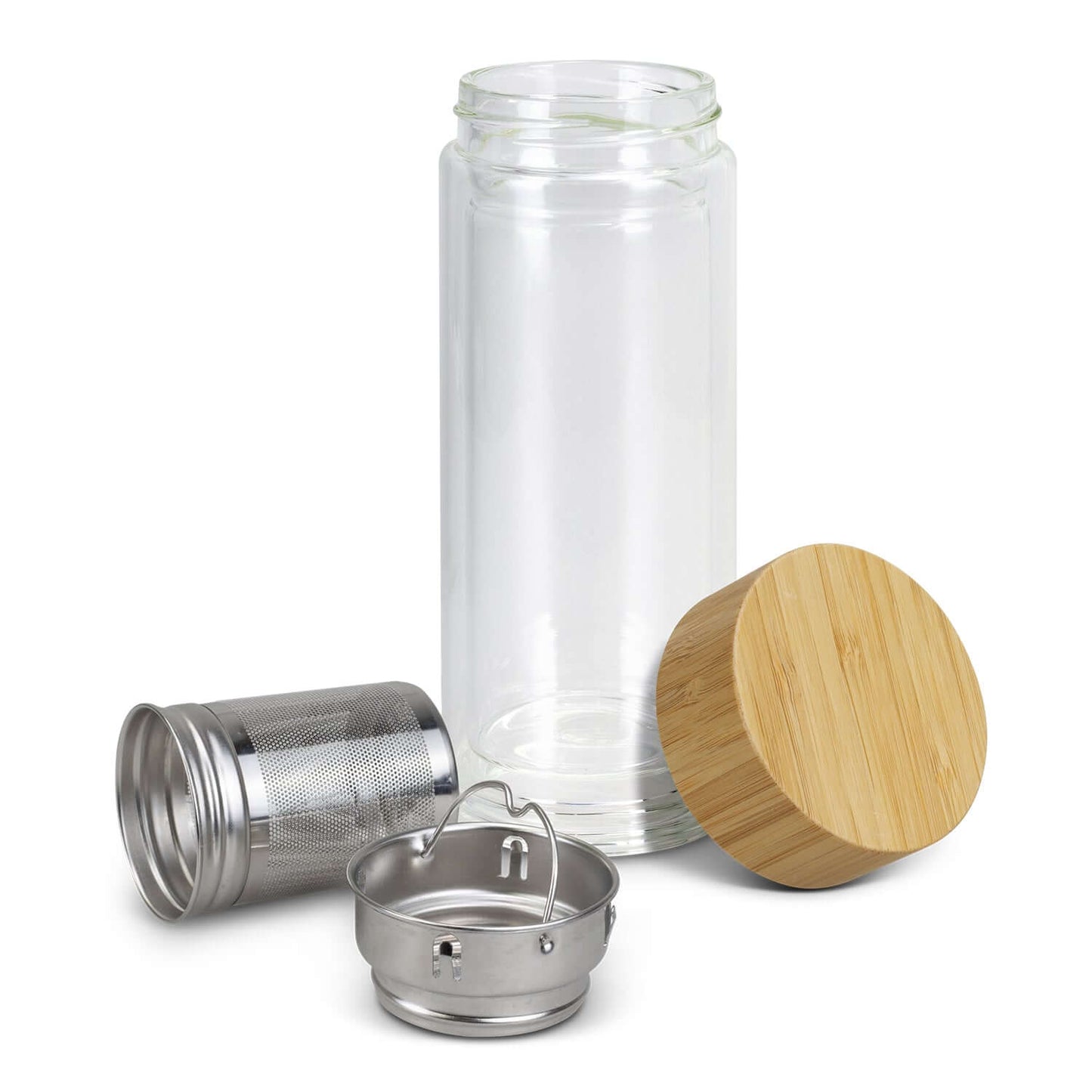 Tea Infuser Bottle with bamboo lid and stainless steel infuser for brewing tea, an ideal corporate gift.