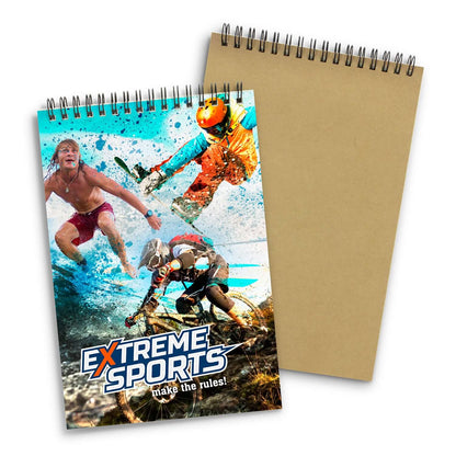 Scribe Full Colour Note Pad Medium featuring an extreme sports design and silver wiro binding, ideal corporate gift.