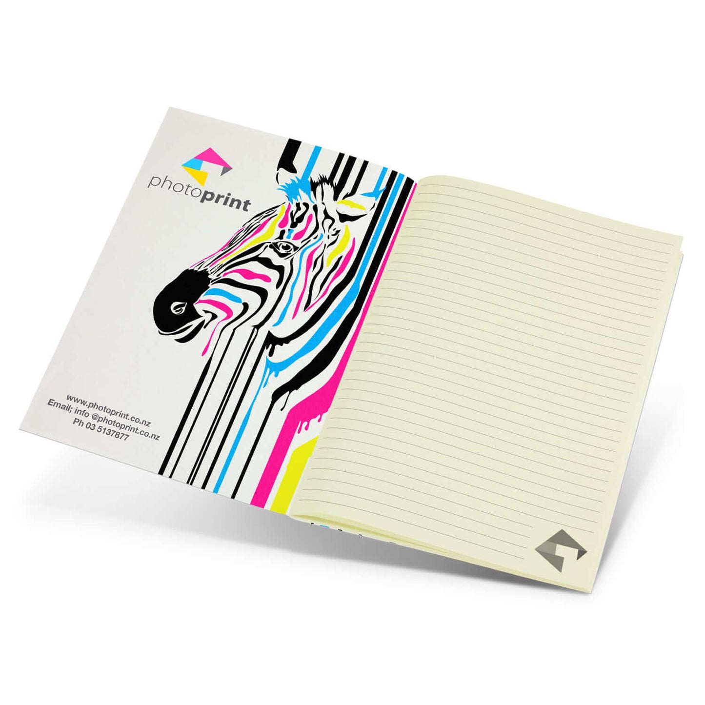 Camri Full Colour Notebook Large featuring a vibrant zebra design and lined pages, perfect for corporate gifting.