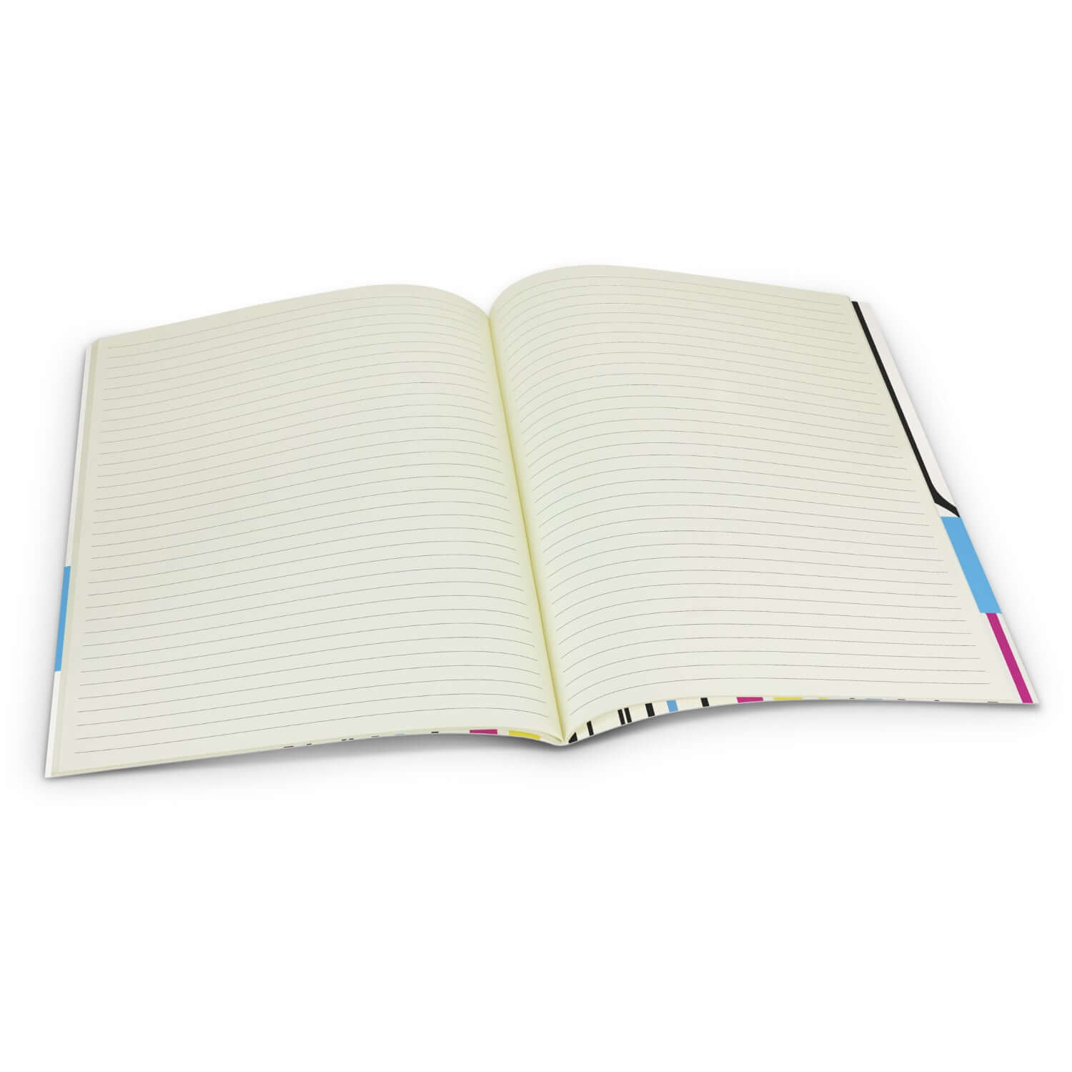 Open pages of the Camri Full Colour Notebook Large showing lined cream paper, ideal for notes and branding.