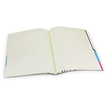 Open pages of the Camri Full Colour Notebook Large showing lined cream paper, ideal for notes and branding.