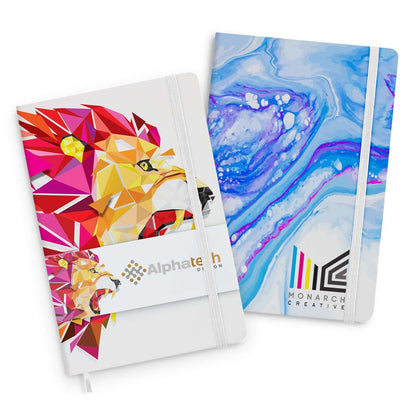 Supra Full Colour Notebook featuring vibrant designs, customizable covers, and elastic closures for corporate gifts.