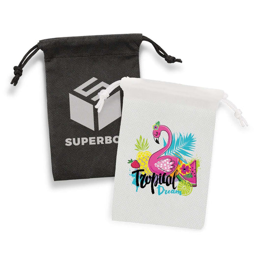 PP Drawstring Gift Bag - Small in black and white with tropical print design, perfect for corporate gifts.