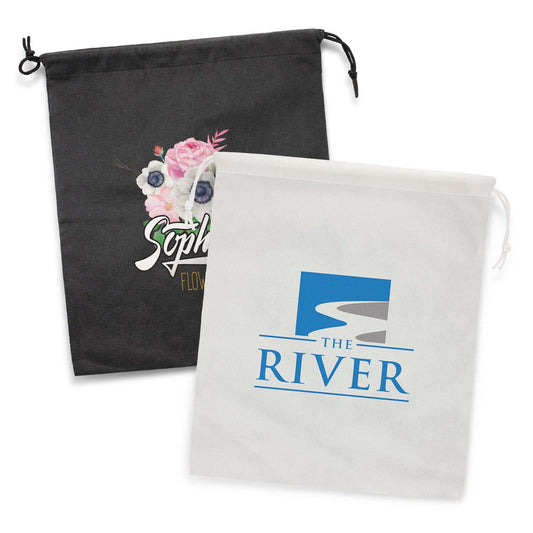 Polypropylene Drawstring Gift Bag - Large in black and white featuring floral and logo designs.
