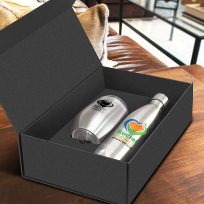 Cordia Vacuum Gift Set in a black gift box featuring a vacuum bottle and cup.