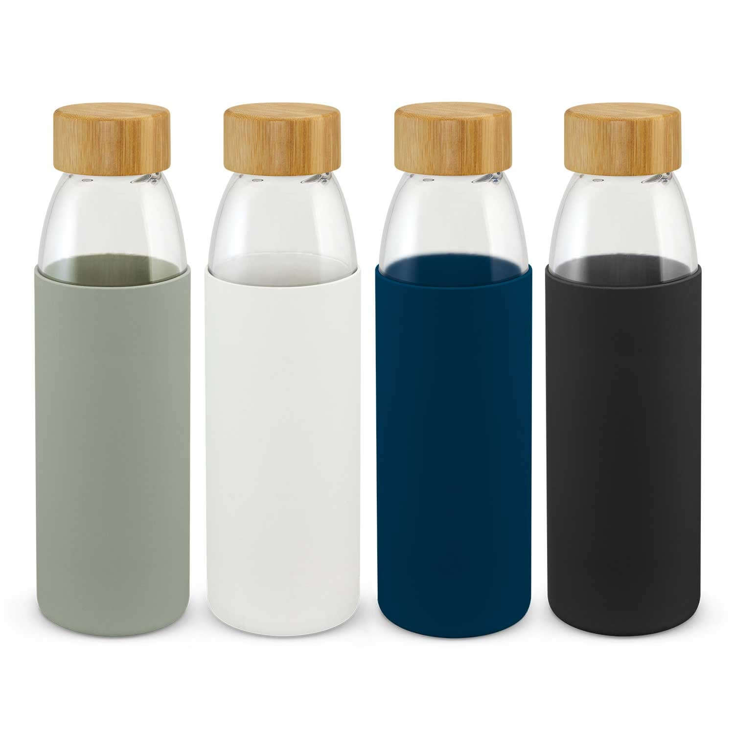 Solstice Glass Bottle in four colors with bamboo lids and silicone sleeves, perfect corporate gift option.