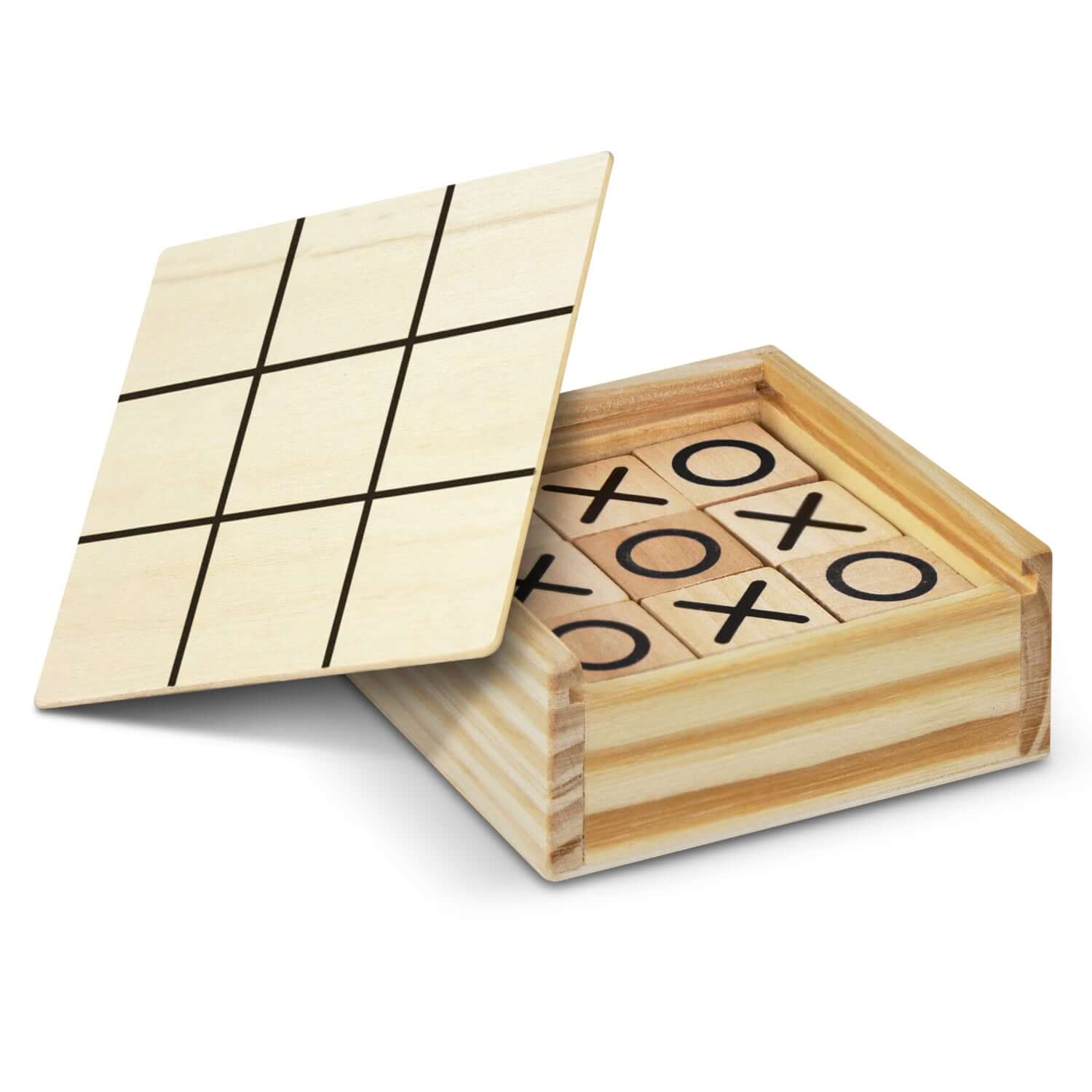 Tic Tac Toe Game in a pine wooden box with a sliding lid and game grid printed inside, perfect as a corporate gift.