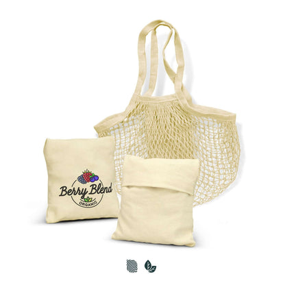 Cotton Mesh Foldaway Tote Bag with logo and two cotton pockets, ideal for eco-friendly shopping as a corporate gift.