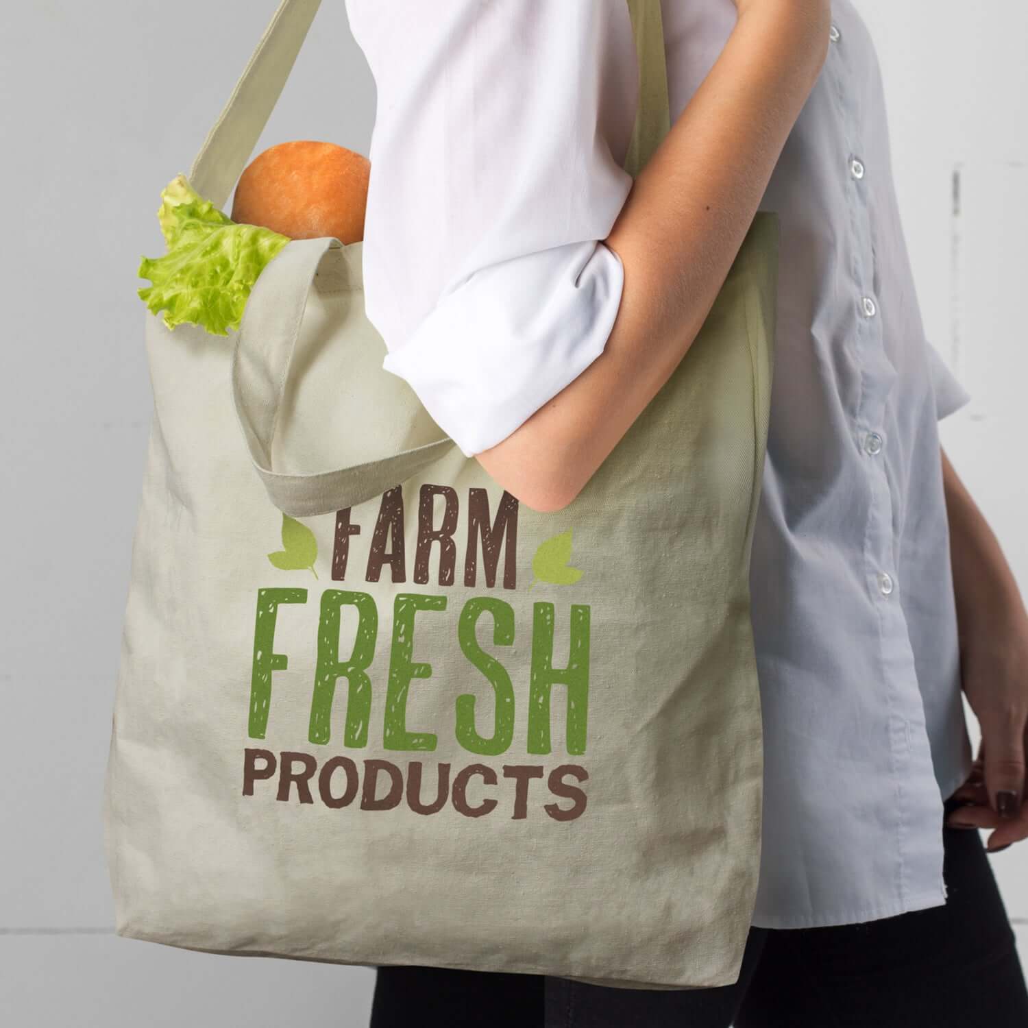 Cotton Shoulder Tote Bag featuring a person holding a bag with 'Farm Fresh Products' design and vegetables inside.