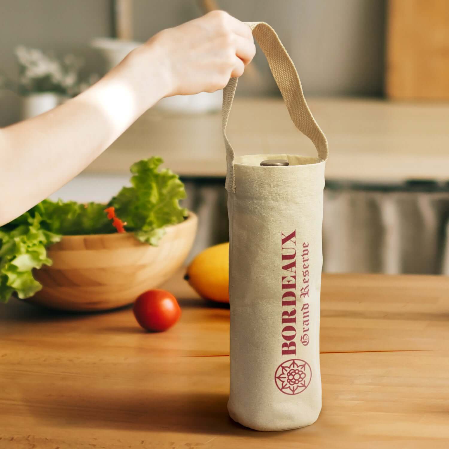 Cotton Wine Tote Bag showcased with a hand, perfect for a stylish corporate gift and eco-friendly wine carrying.