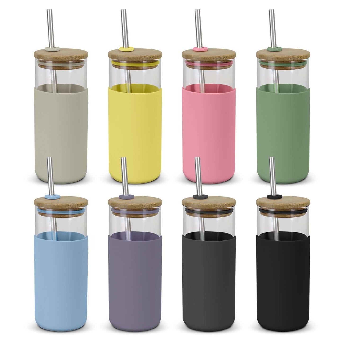 Colorful Alchemy Glass Tumblers with bamboo lids and stainless steel straws, ideal for corporate gifts.