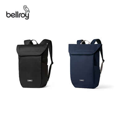 Bellroy Melbourne Backpack Compact in black and navy, ideal for corporate gifts and stylish urban professionals.
